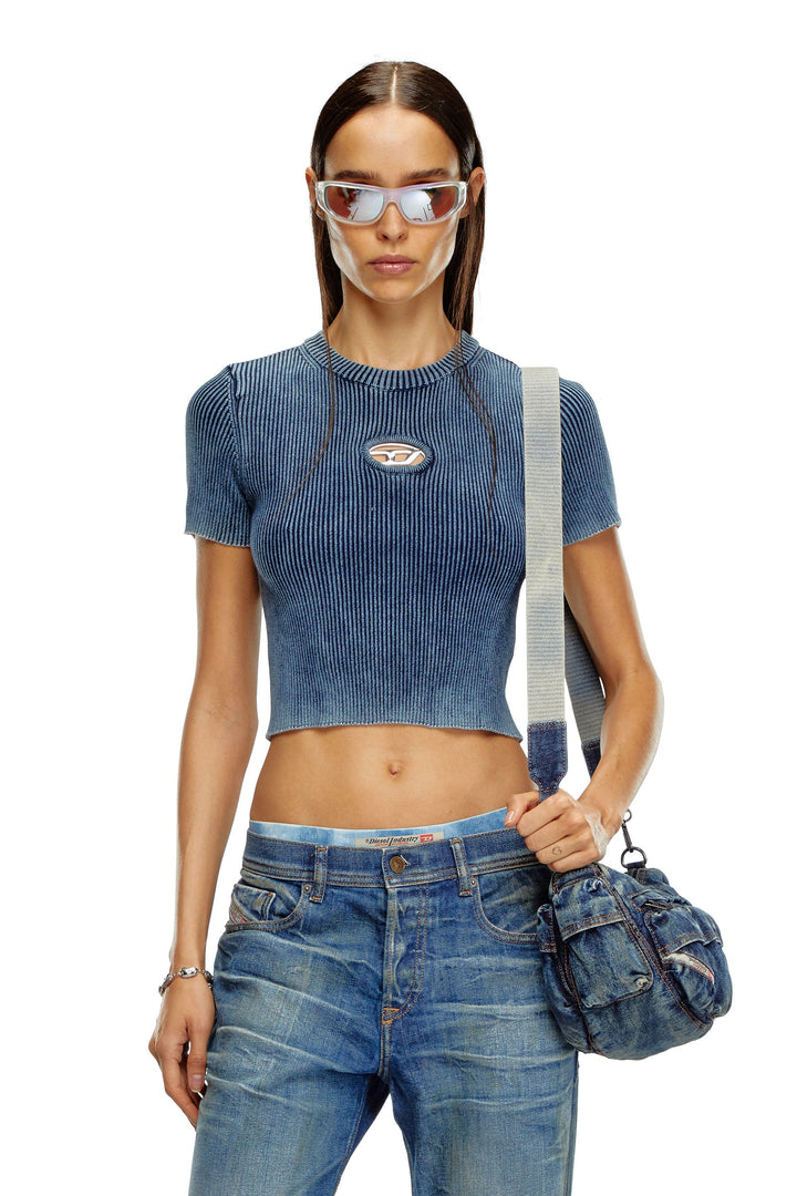 Knitted crop top with denim effect — Blue