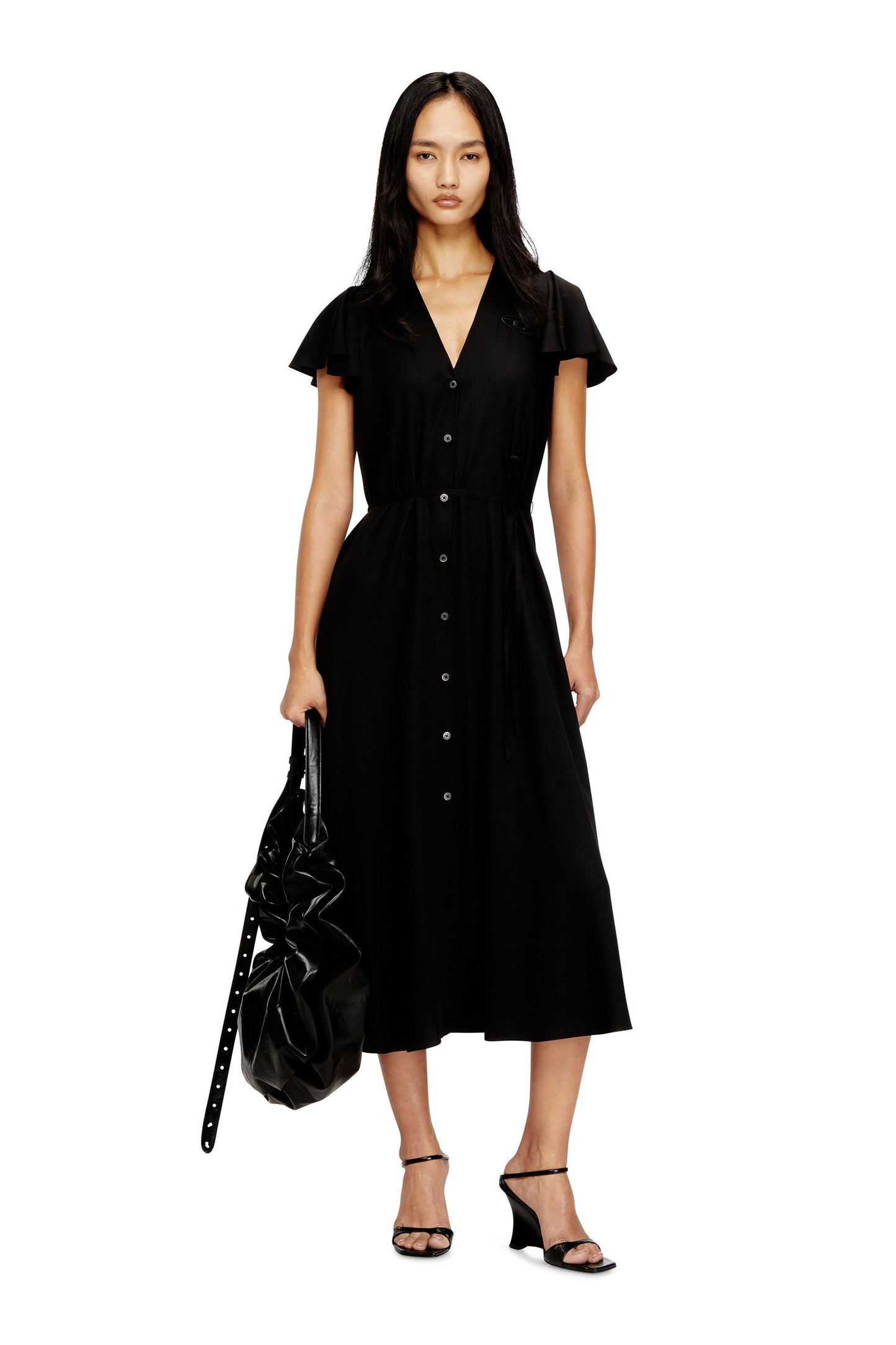 Cupro midi dress with V-neck and front buttons