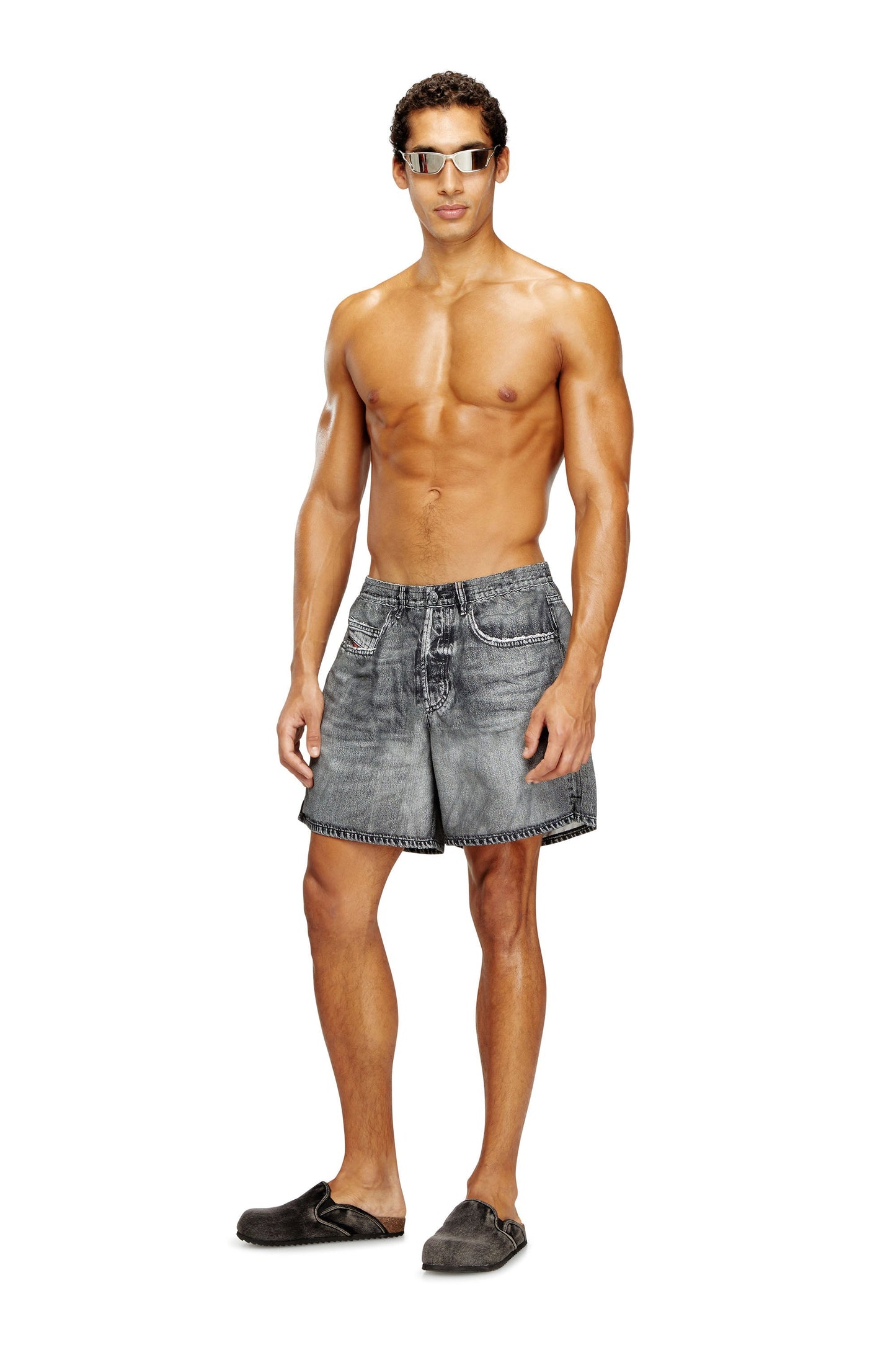 Swim shorts with denim trompe l'oeil print