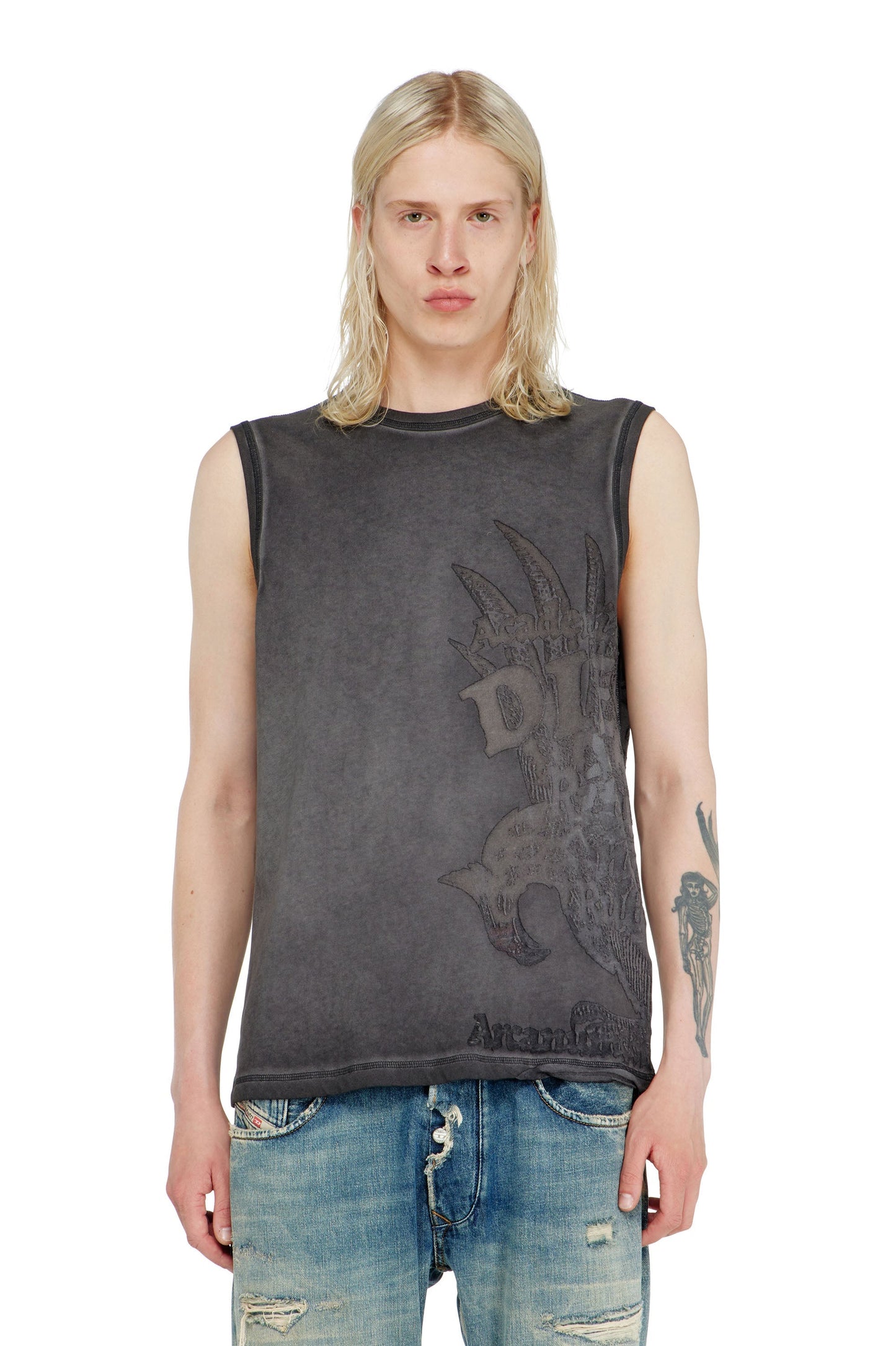 Sleeveless jersey top with embossed graphics