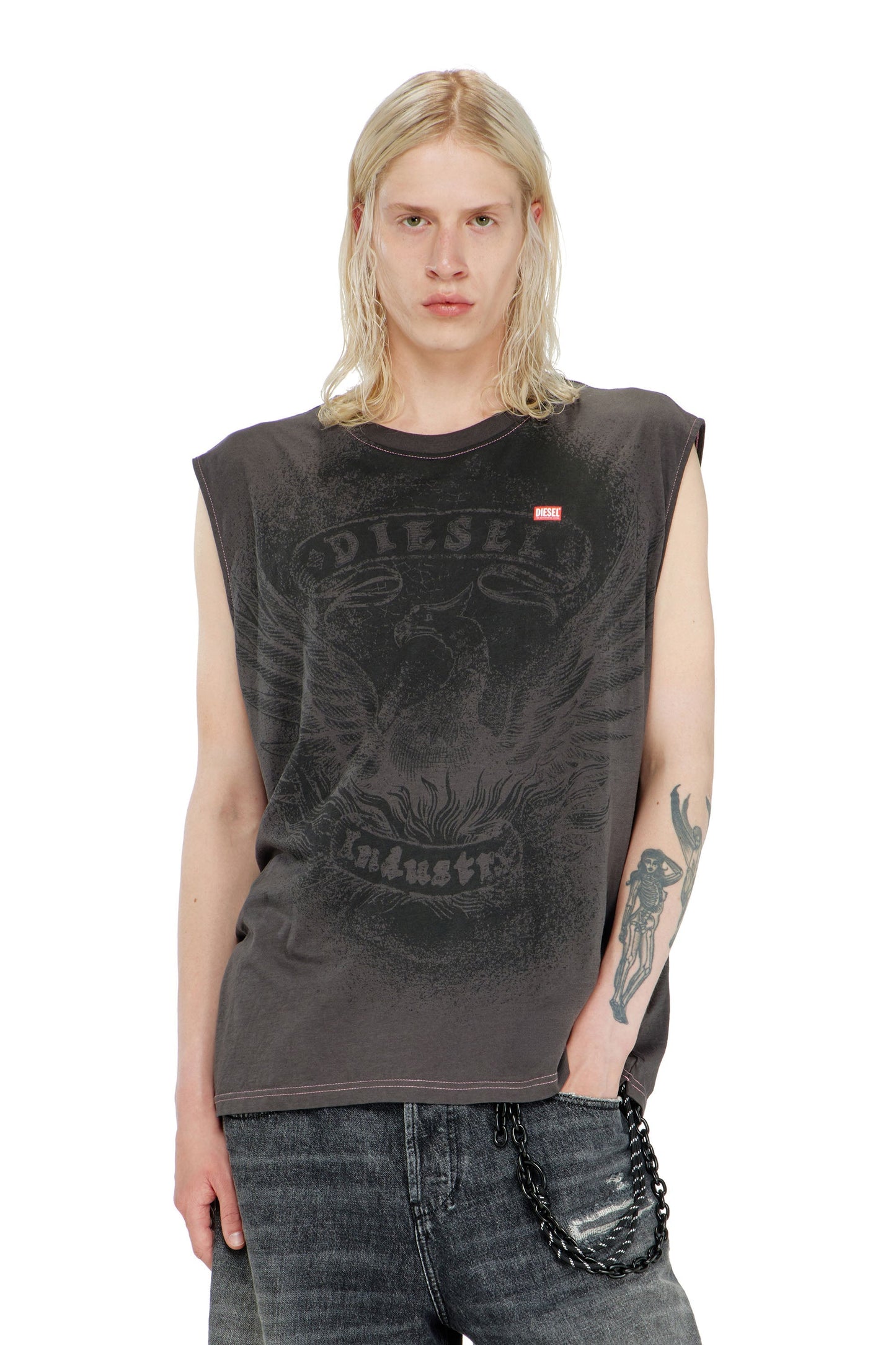 Sleeveless top in cotton with tonal graphic