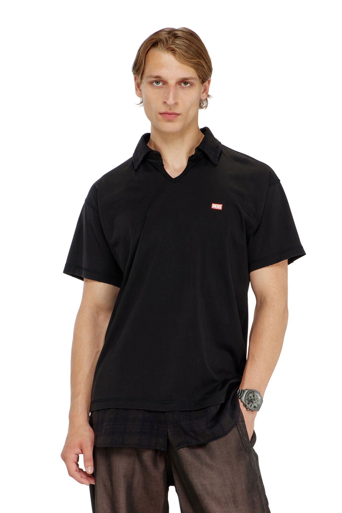 Jersey polo shirt with check flannel trims