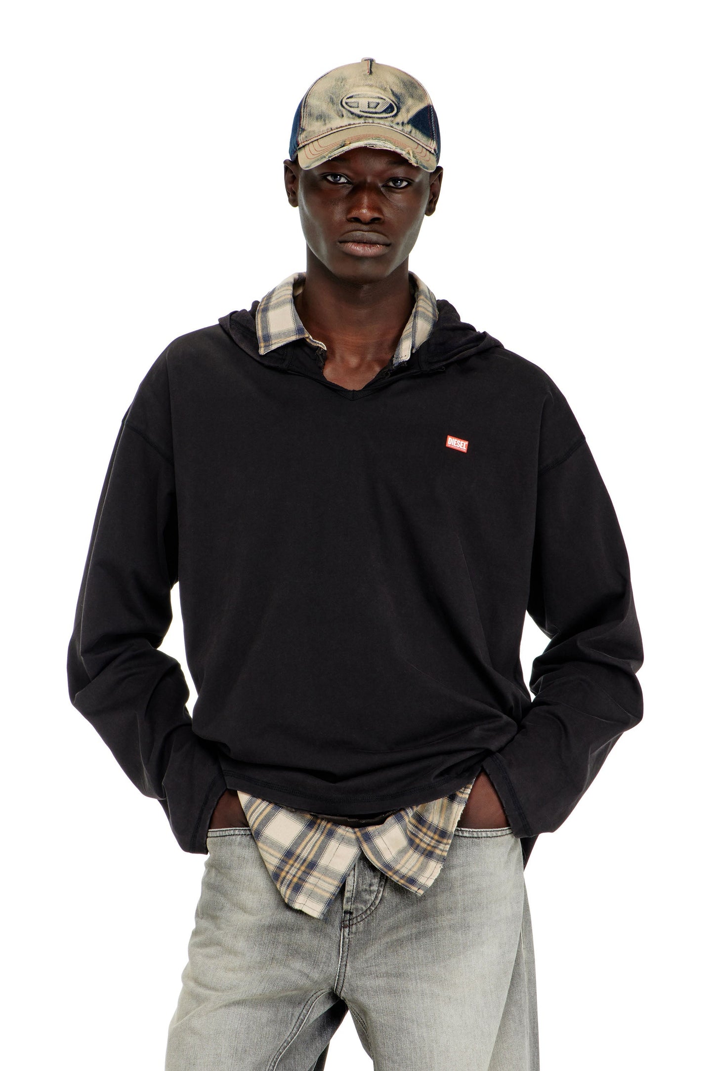 Long-sleeve T-shirt with flannel hood