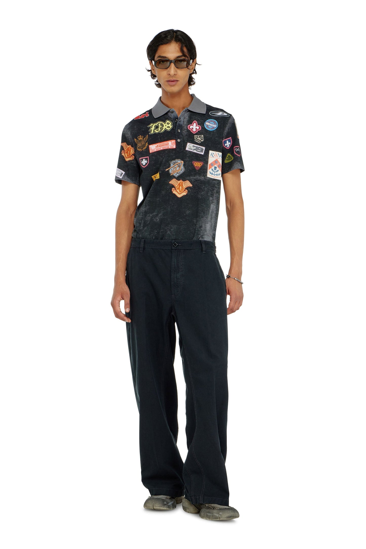 Jersey polo shirt with trompe l'oeil patches