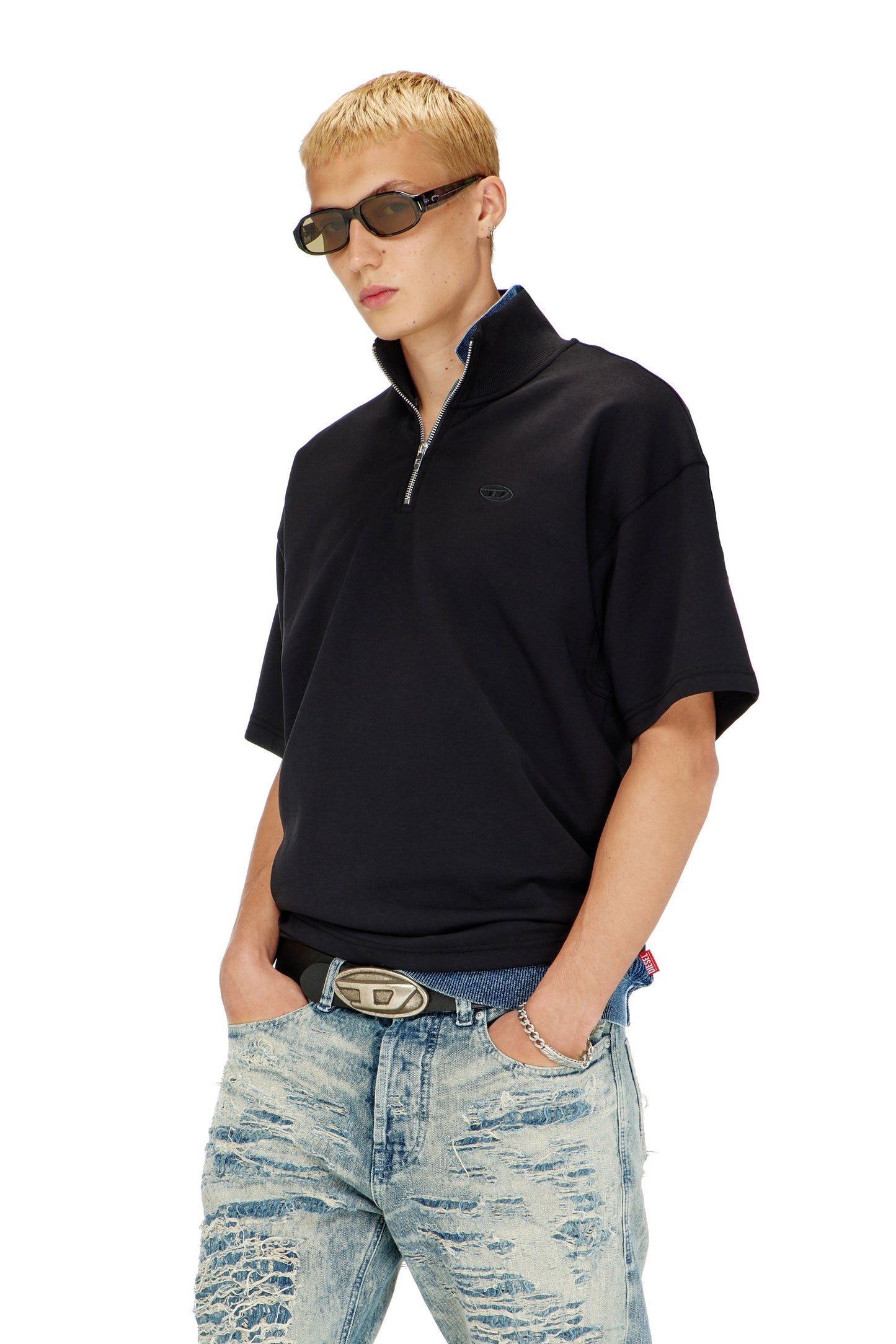 Short-sleeve half-zip sweatshirt in light scuba