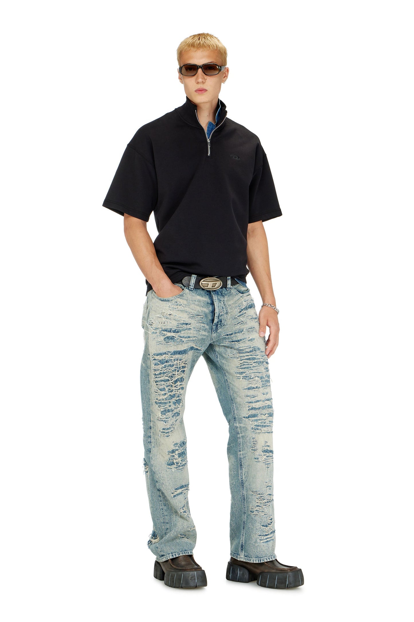 Short-sleeve half-zip sweatshirt in light scuba