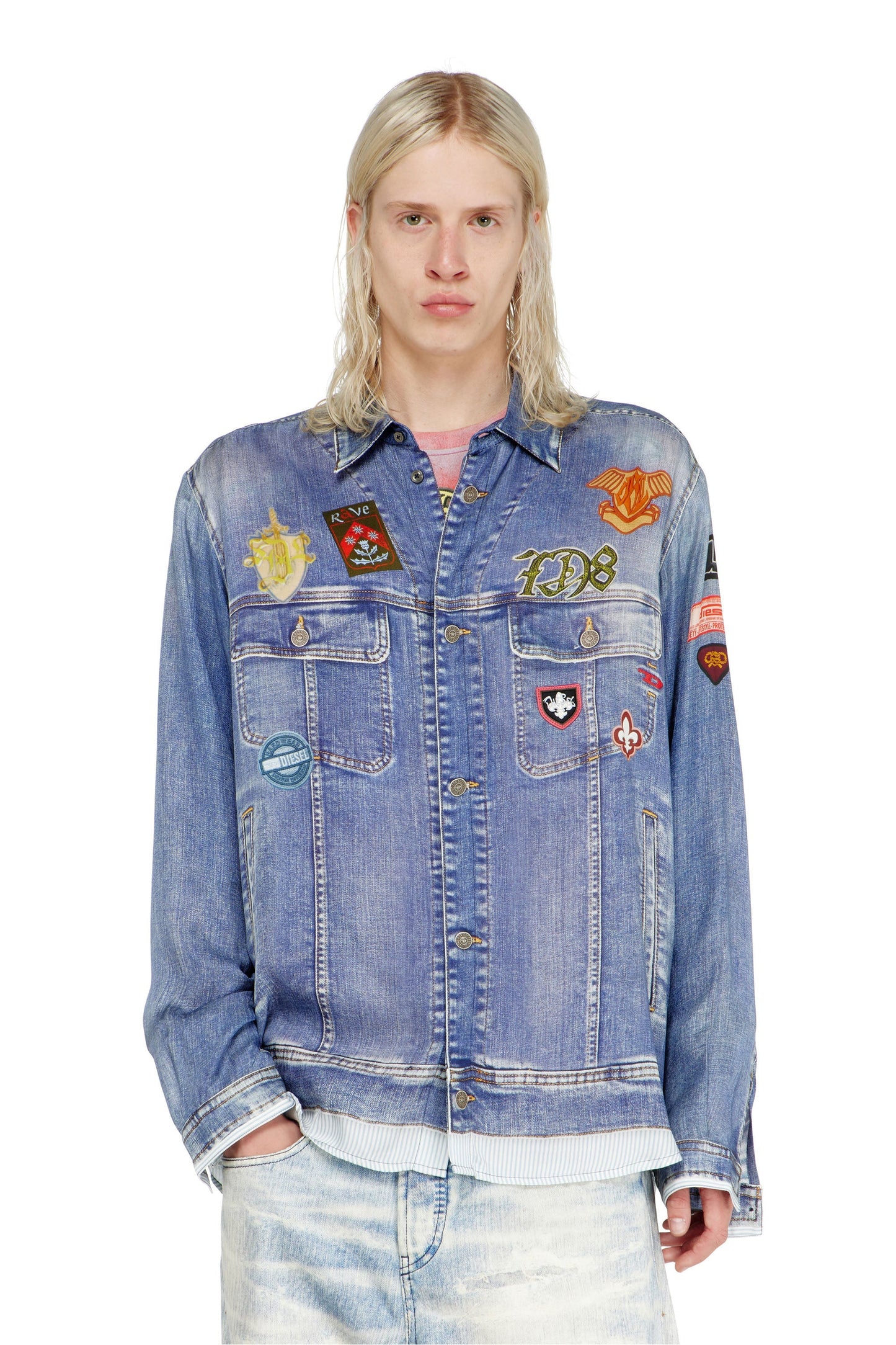 Satin shirt with trompe-l'oeil denim print