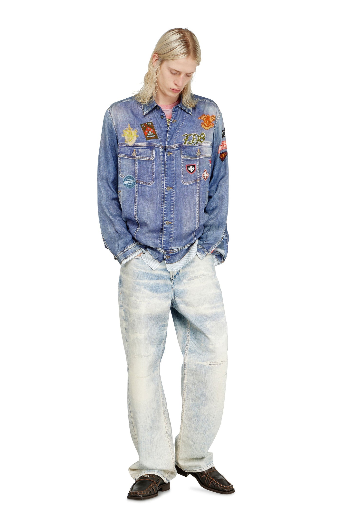 Satin shirt with trompe-l'oeil denim print