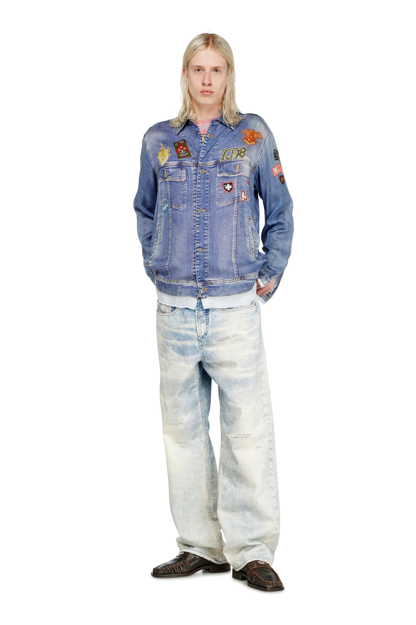 Satin shirt with trompe-l'oeil denim print