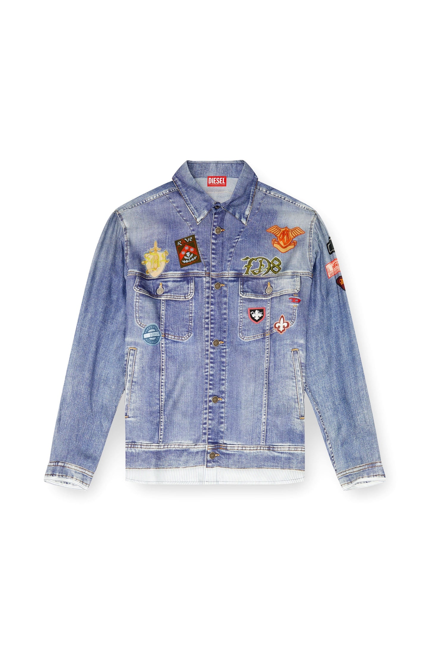 Satin shirt with trompe-l'oeil denim print