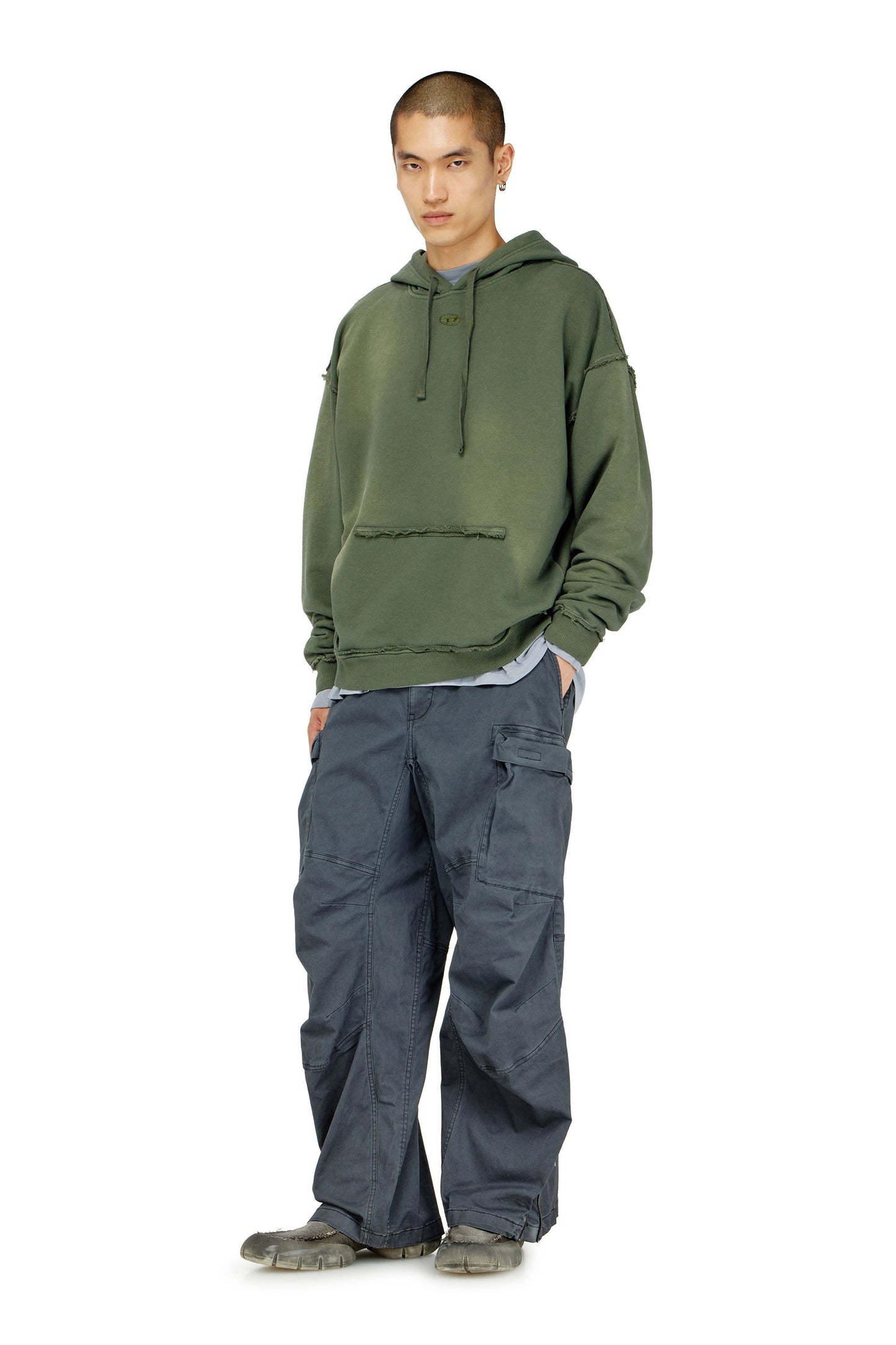 Faded cotton hoodie with frayed details