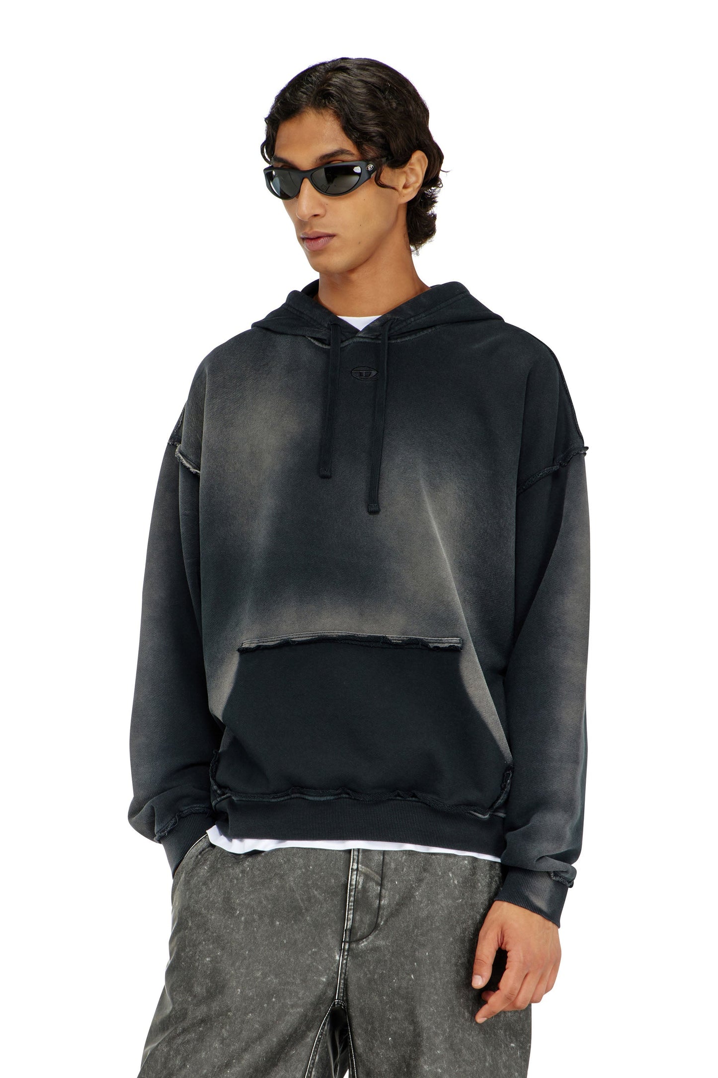 Faded cotton hoodie with frayed details