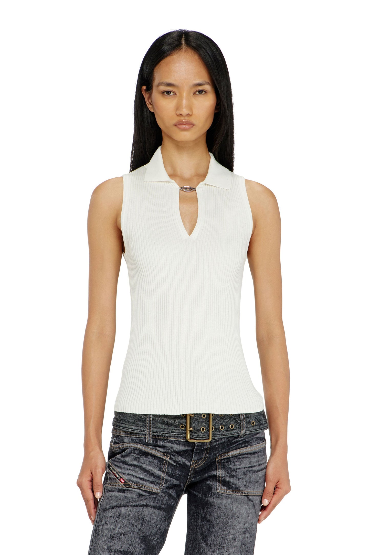 Sleeveless rib-knit polo top in silk blend