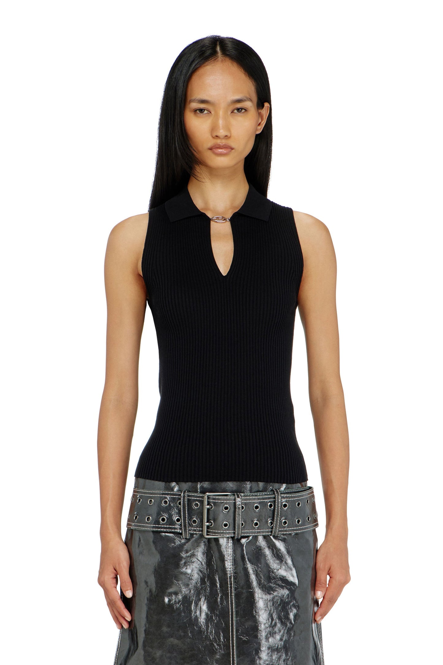 Sleeveless rib-knit polo top in silk blend
