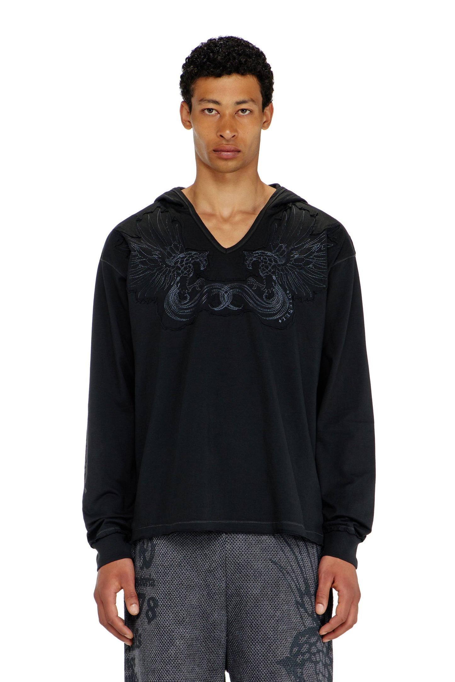 Hoodie with V-neck and embroidered front