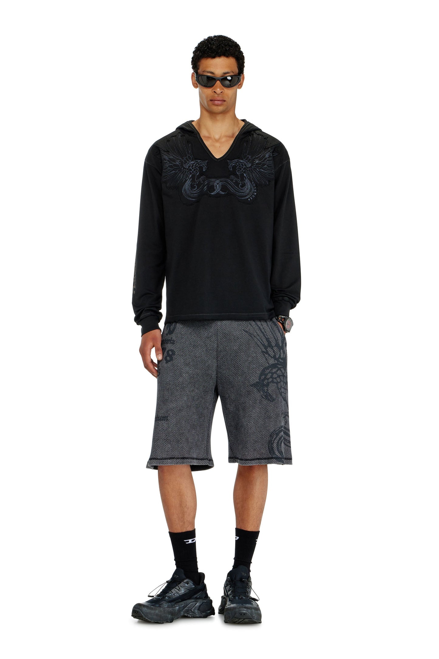 Hoodie with V-neck and embroidered front