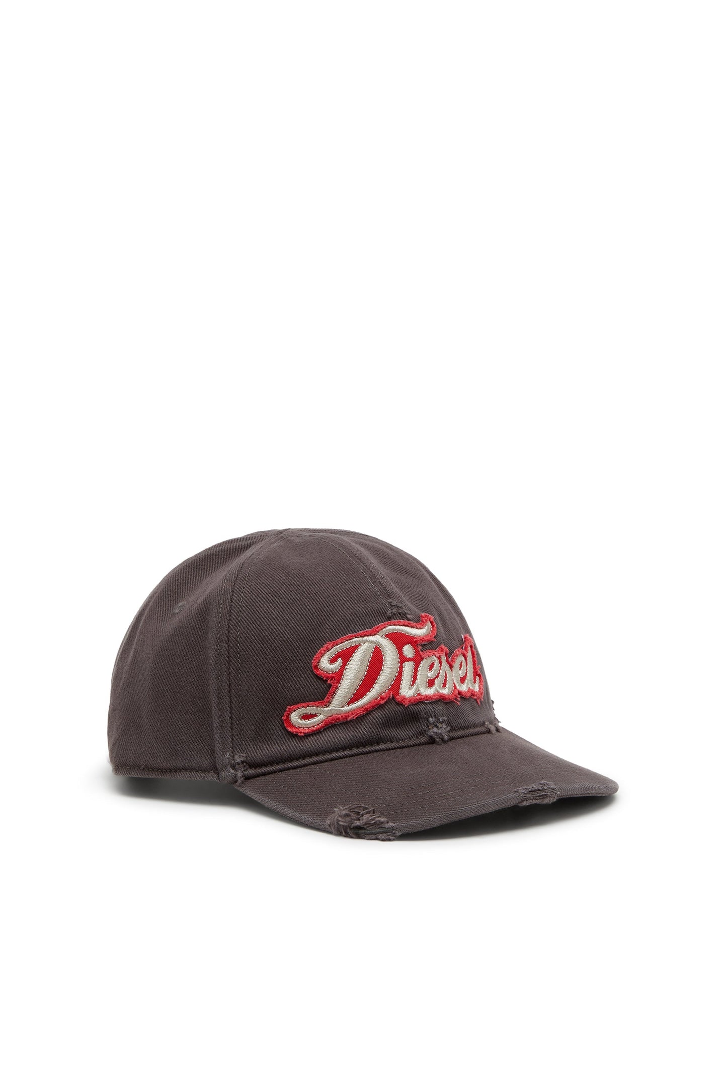 Distressed baseball cap with embroidered patch