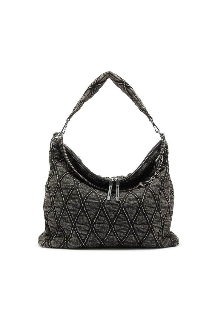 Charm-D - Hobo bag in acid-wash quilted denim — Dark Grey